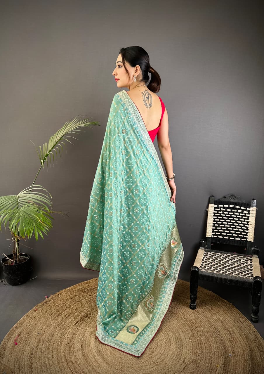 Traditional blooming vichitra khadi bandhej silk saree with sequence work