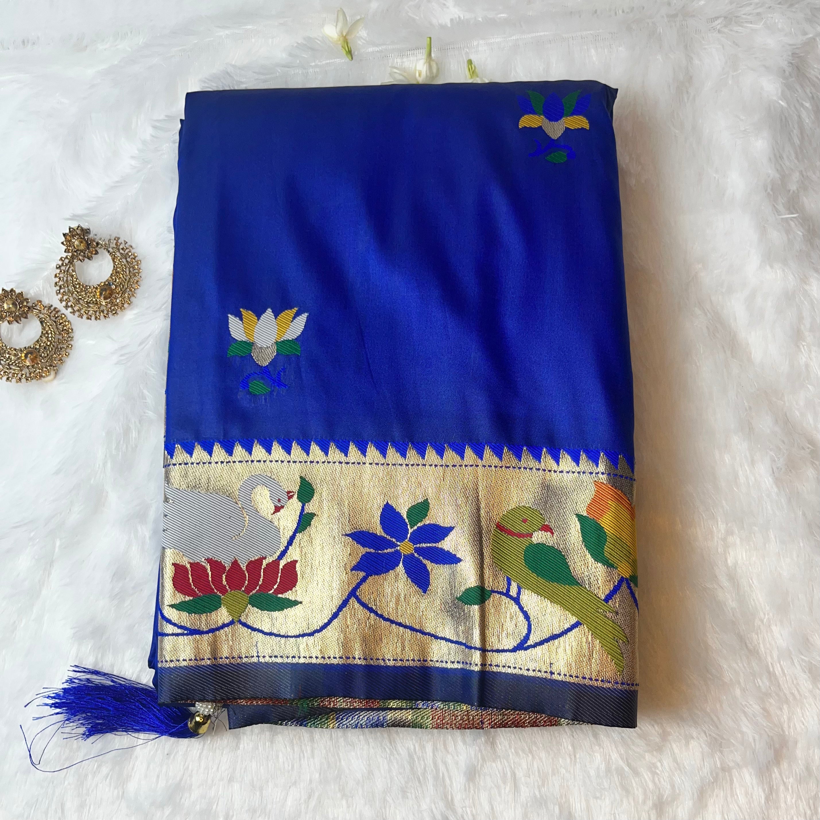 Royal Blue Pathani Saree with Parrot & Floral Zari Border