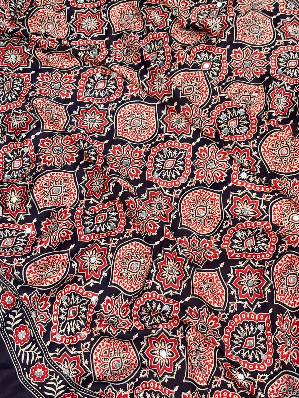 Ajrakh Modal Gaji Bandhej Silk Saree with Lagadi Patta & Mirror Work