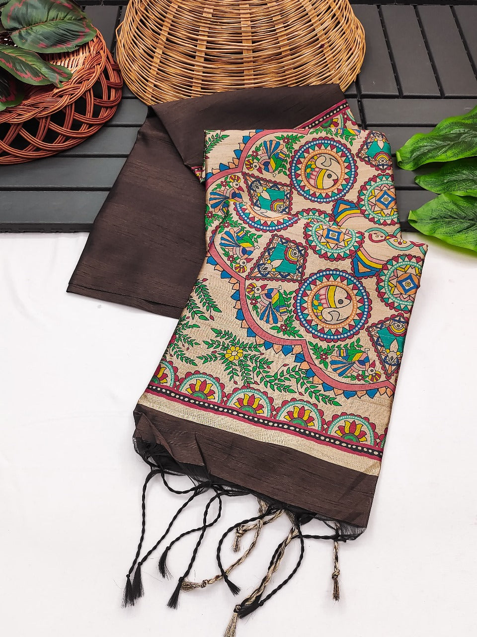 Khadi raw silk saree with beautiful madhubani hand printed pallu