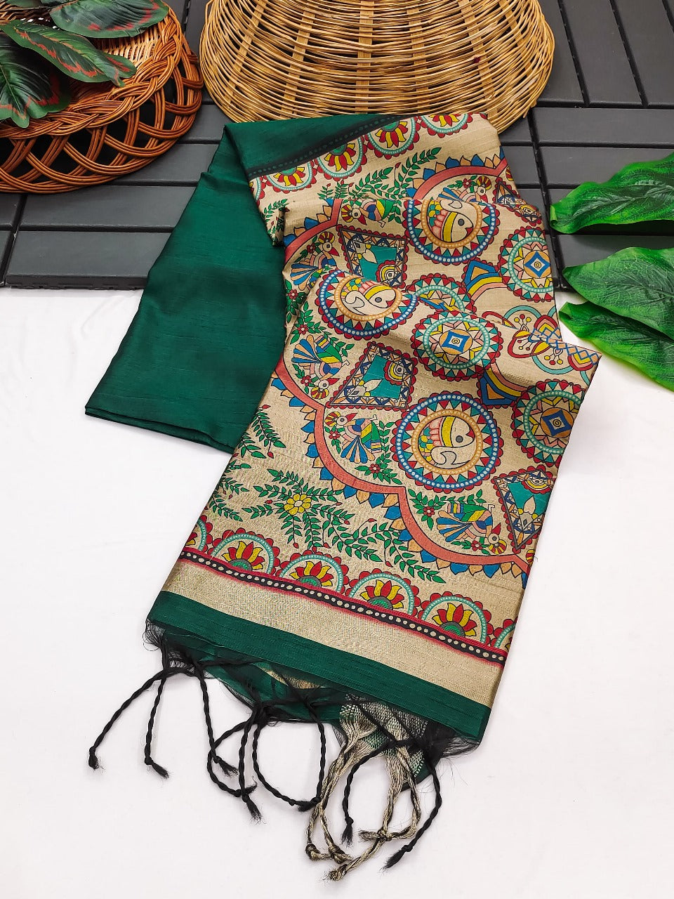 Khadi raw silk saree with beautiful madhubani hand printed pallu