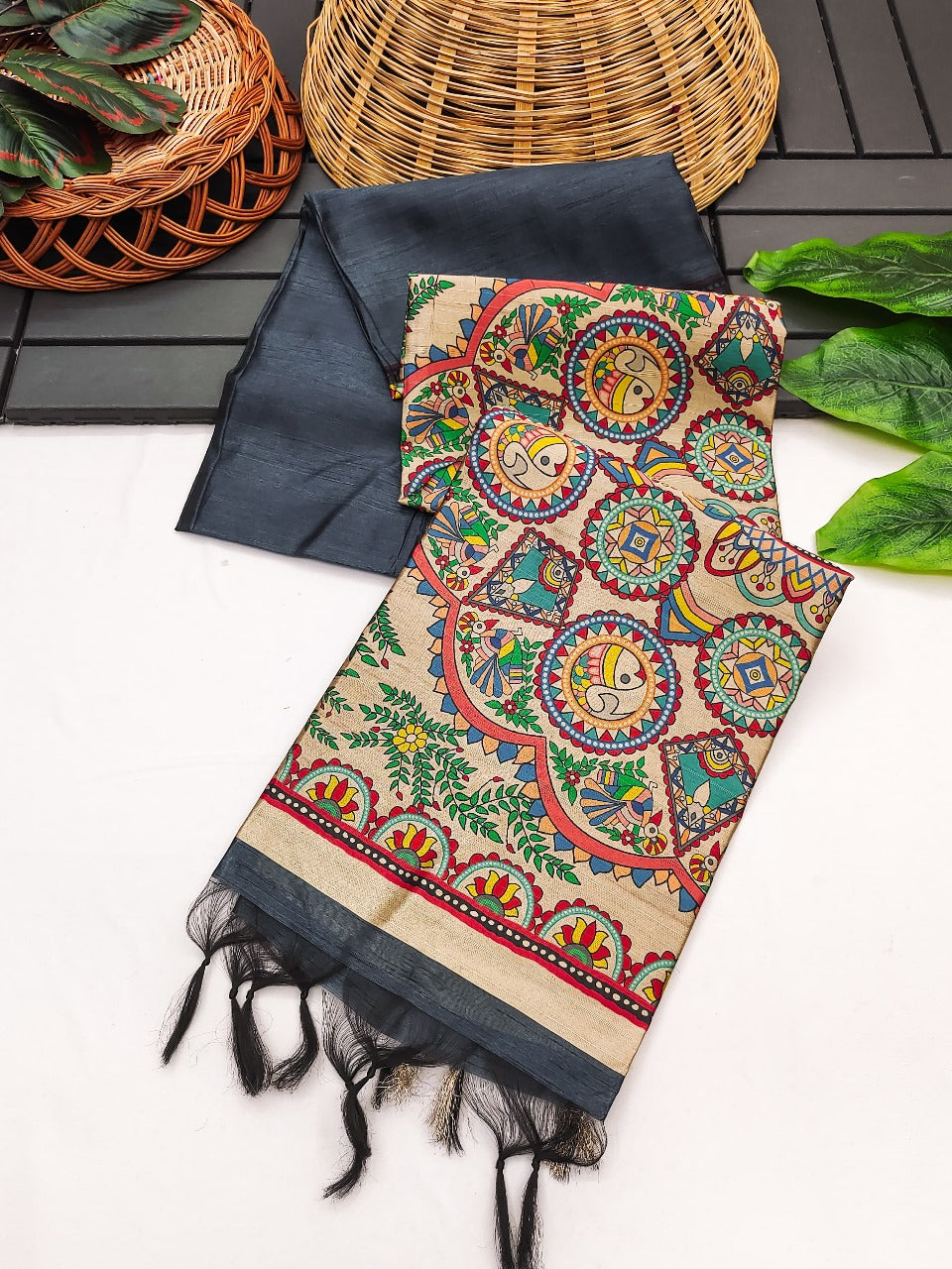 Khadi raw silk saree with beautiful madhubani hand printed pallu