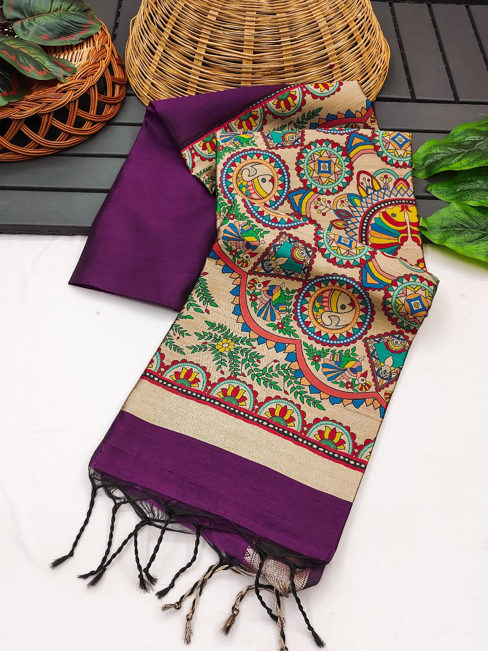 Khadi raw silk saree with beautiful madhubani hand printed pallu