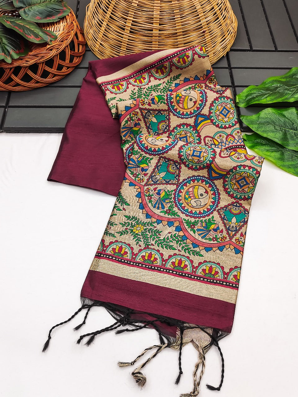 Khadi raw silk saree with beautiful madhubani hand printed pallu