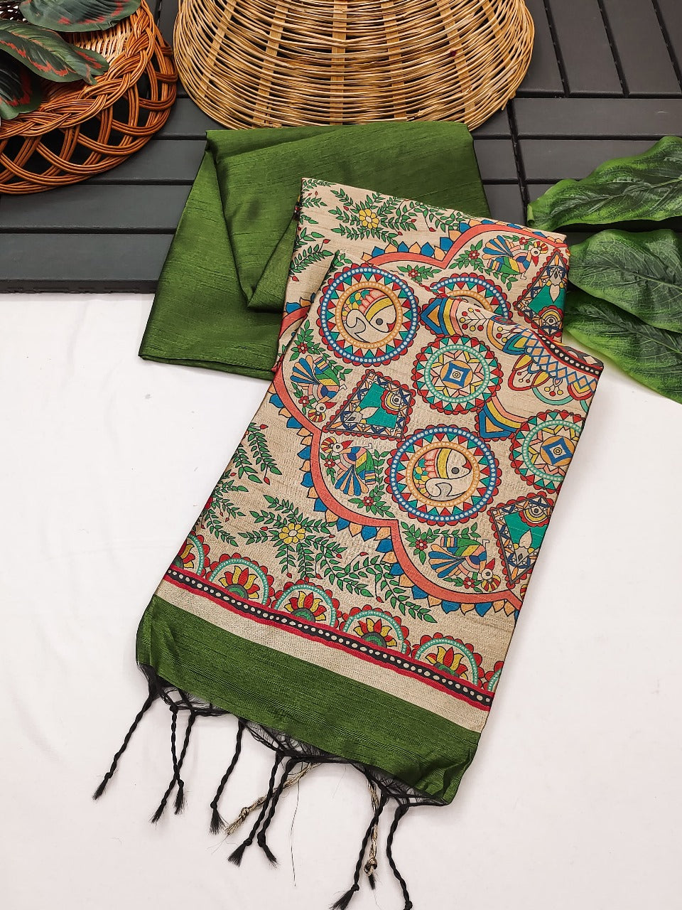 Khadi raw silk saree with beautiful madhubani hand printed pallu