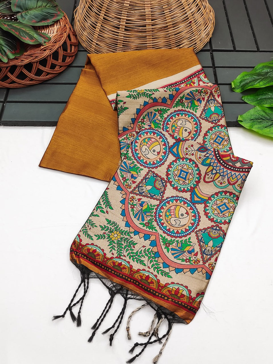 Khadi raw silk saree with beautiful madhubani hand printed pallu