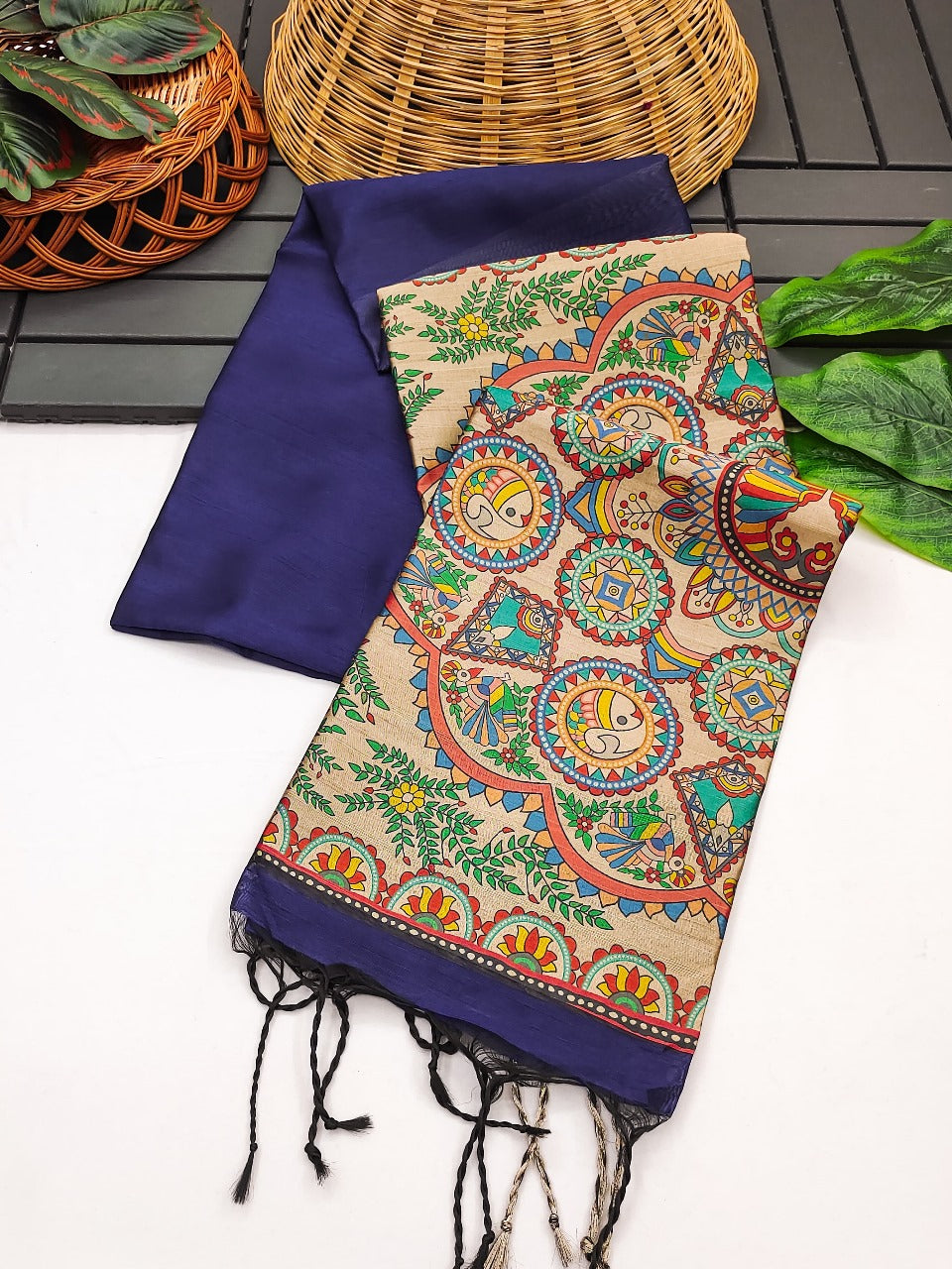 Khadi raw silk saree with beautiful madhubani hand printed pallu