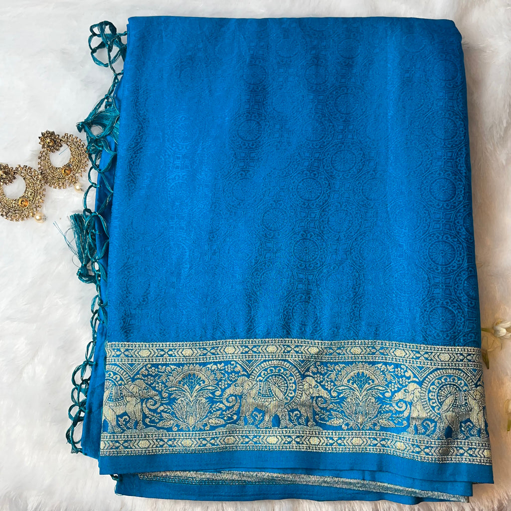 Royal Blue Viscose Silk Saree with Antique Zari Border & Woven Motifs