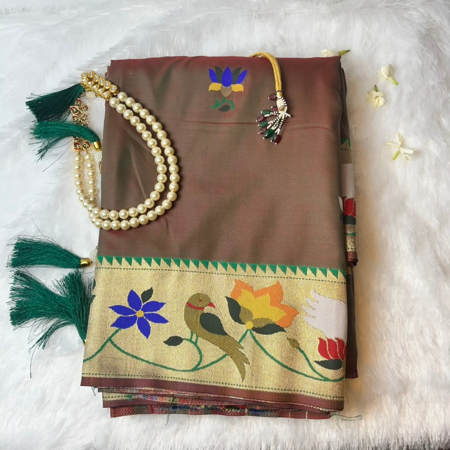 Mehndi Green Pathani Saree with Dup Chhao Effect & Bird-Floral Border