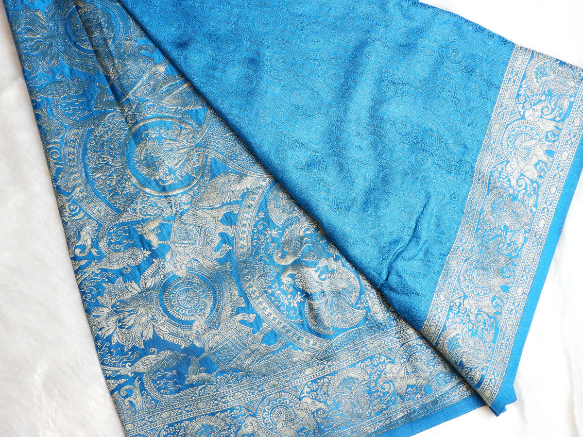 Royal Blue Viscose Silk Saree with Antique Zari Border & Woven Motifs