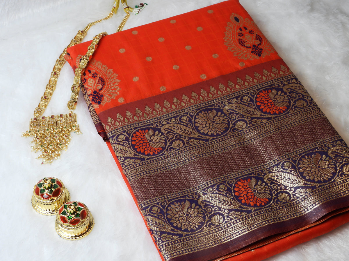 Classic Orange Silk Saree with Rich Zari Pallu & Traditional Motifs