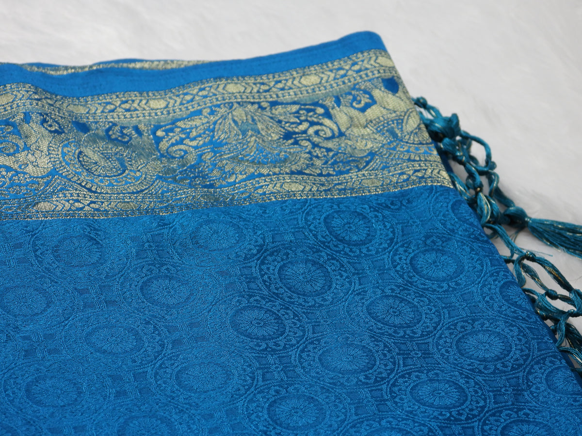Royal Blue Viscose Silk Saree with Antique Zari Border & Woven Motifs