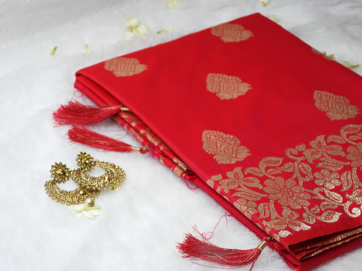 Classic Rani Pink Soft Silk Saree with Golden Zari Buttas & Floral Border