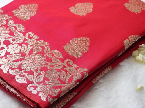 Classic Rani Pink Soft Silk Saree with Golden Zari Buttas & Floral Border