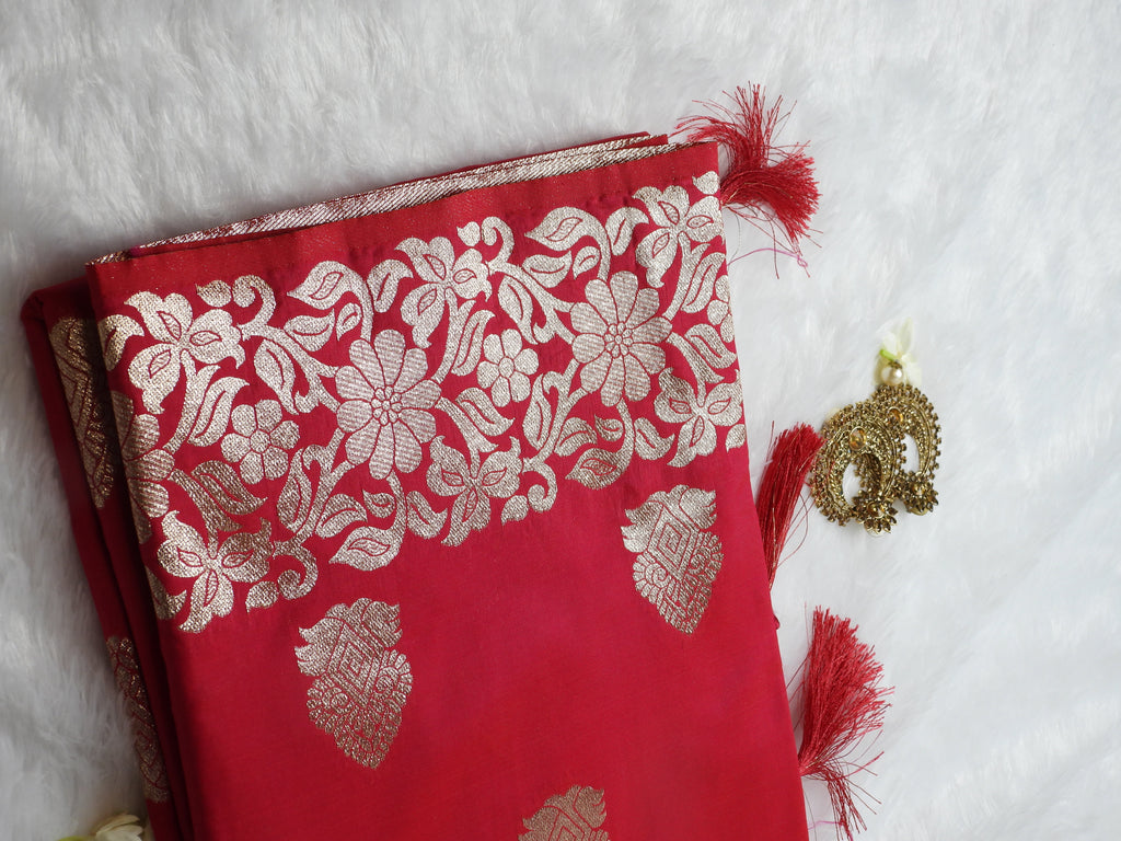 Classic Rani Pink Soft Silk Saree with Golden Zari Buttas & Floral Border