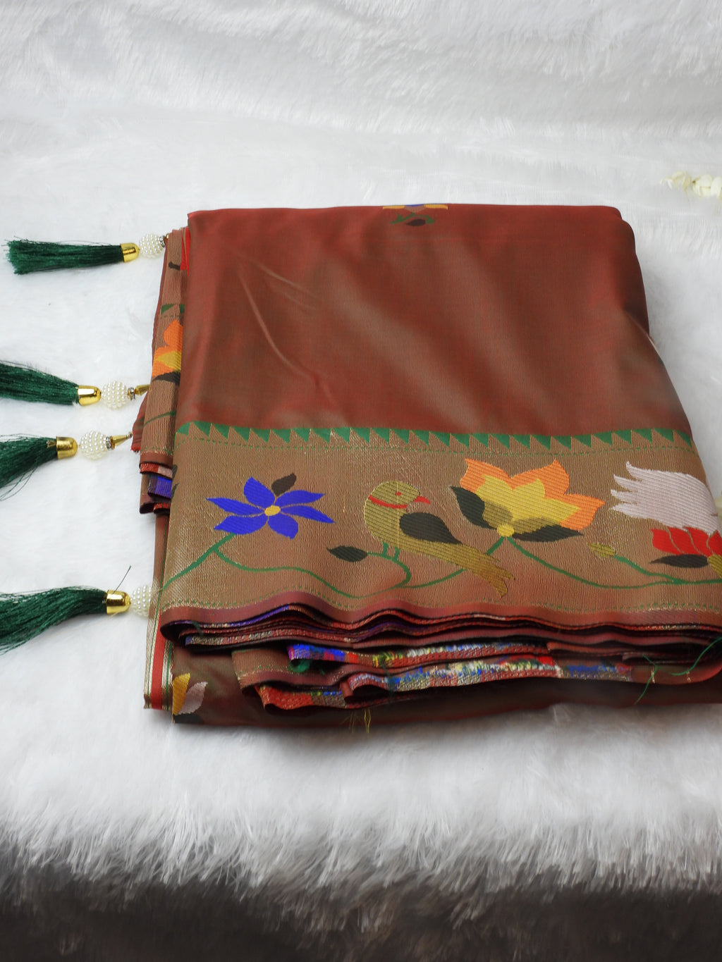 Mehndi Green Pathani Saree with Dup Chhao Effect & Bird-Floral Border