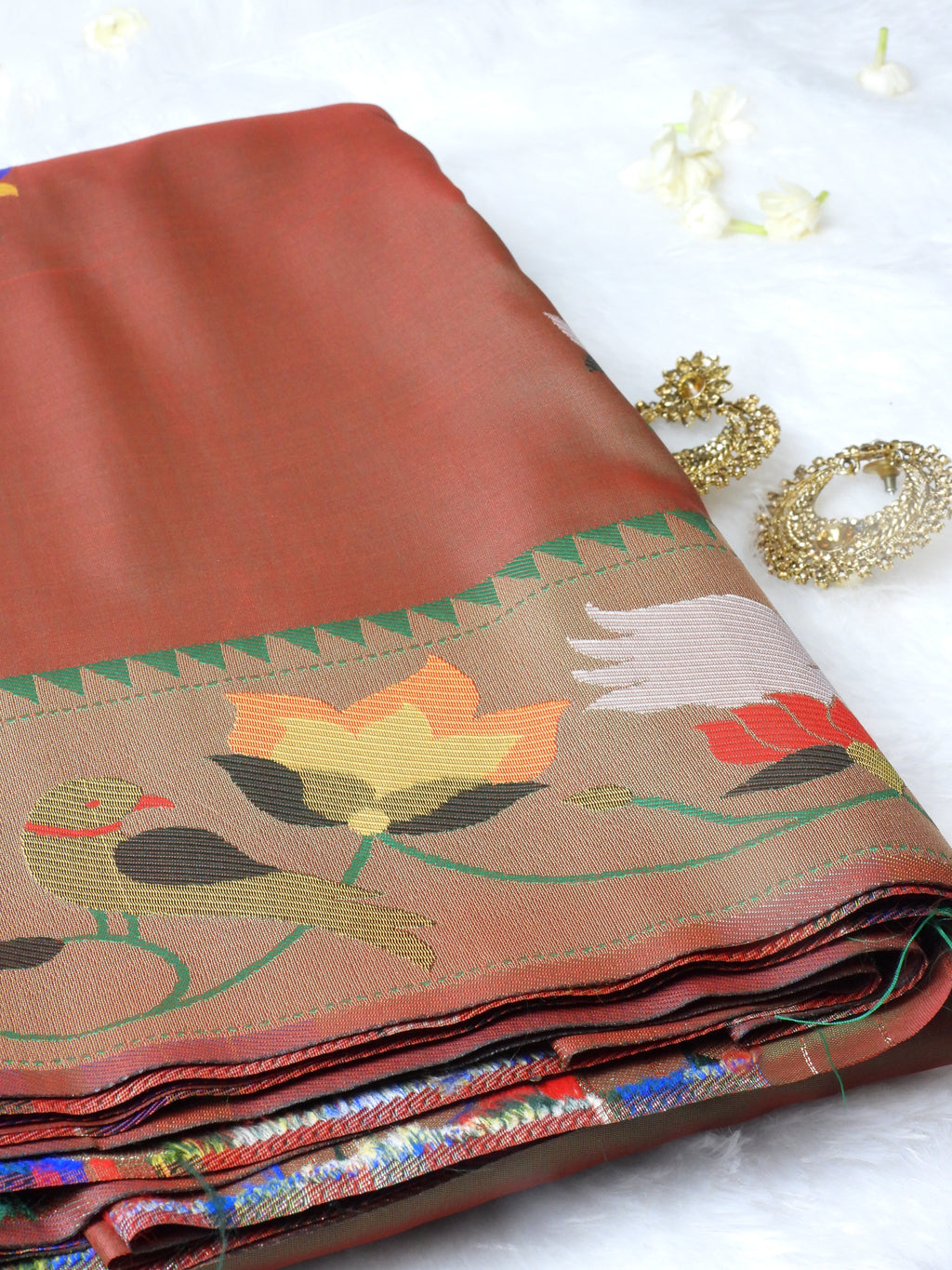 Mehndi Green Pathani Saree with Dup Chhao Effect & Bird-Floral Border