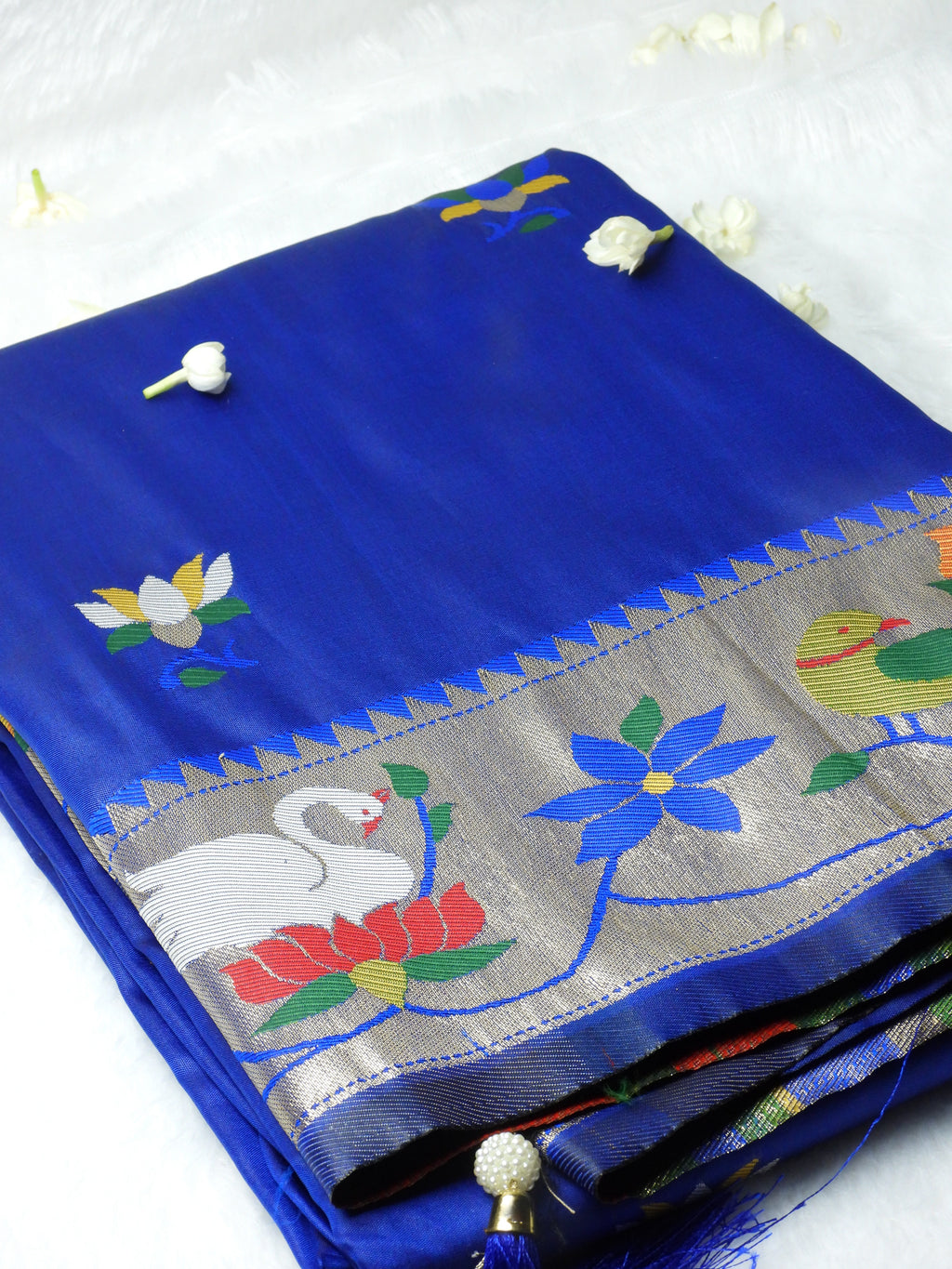 Royal Blue Pathani Saree with Parrot & Floral Zari Border