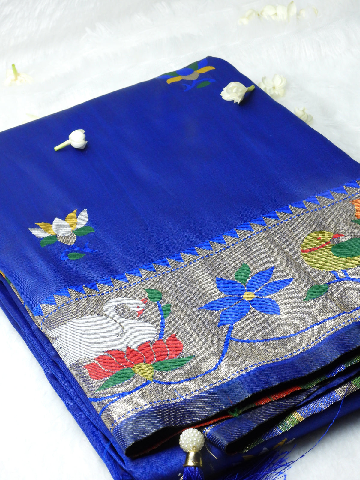 Royal Blue Pathani Saree with Parrot & Floral Zari Border