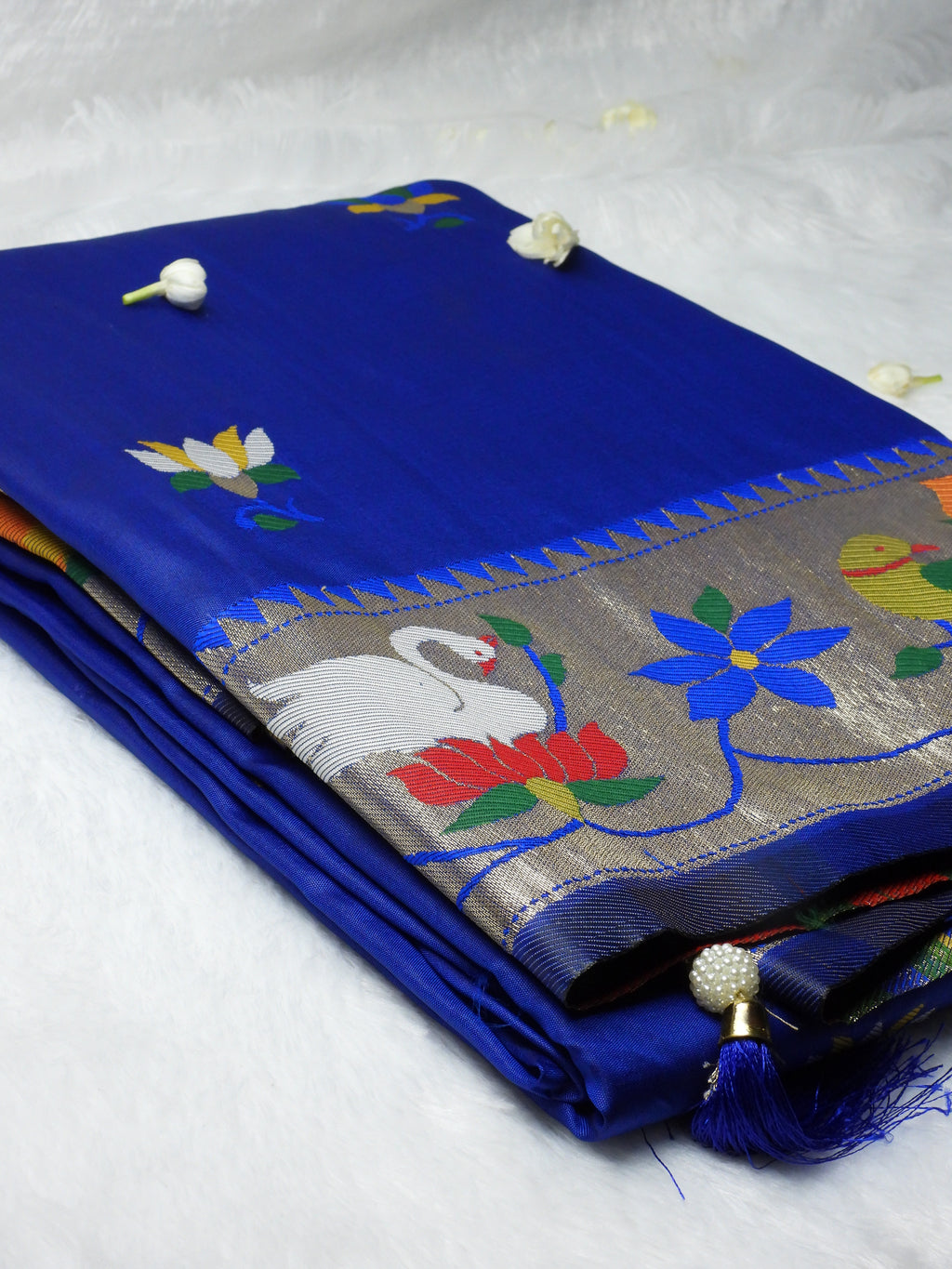 Royal Blue Pathani Saree with Parrot & Floral Zari Border