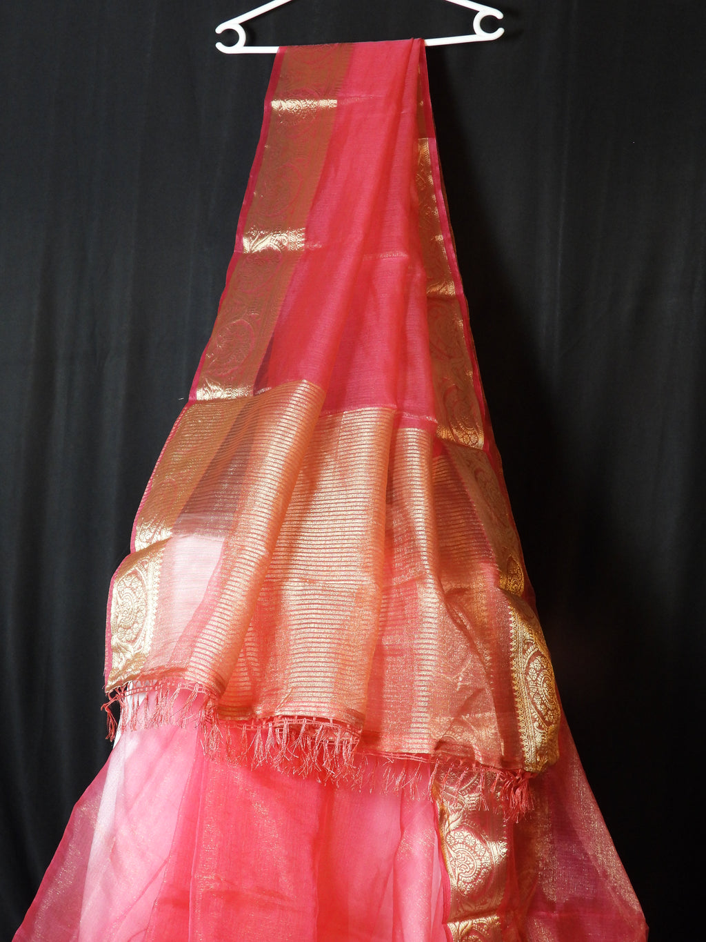 Coral Pink Shimmer Organza Saree with Intricate Zari Border