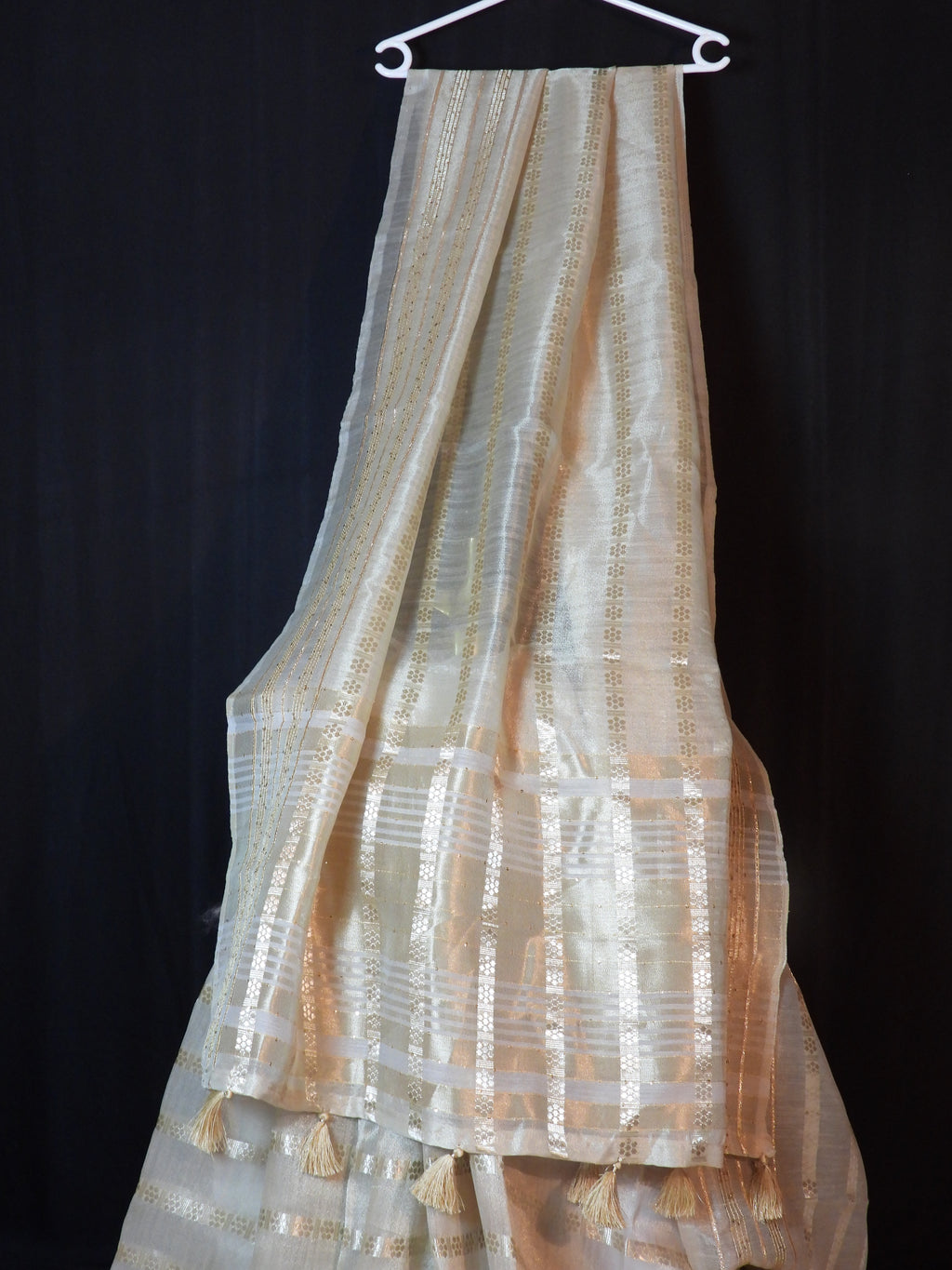 Elegant Tussar Silk Saree with Golden Zari Stripes & Floral Weave