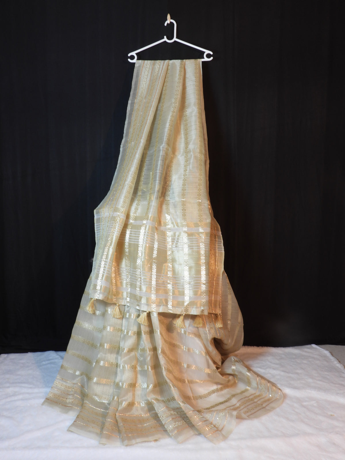Elegant Tussar Silk Saree with Golden Zari Stripes & Floral Weave
