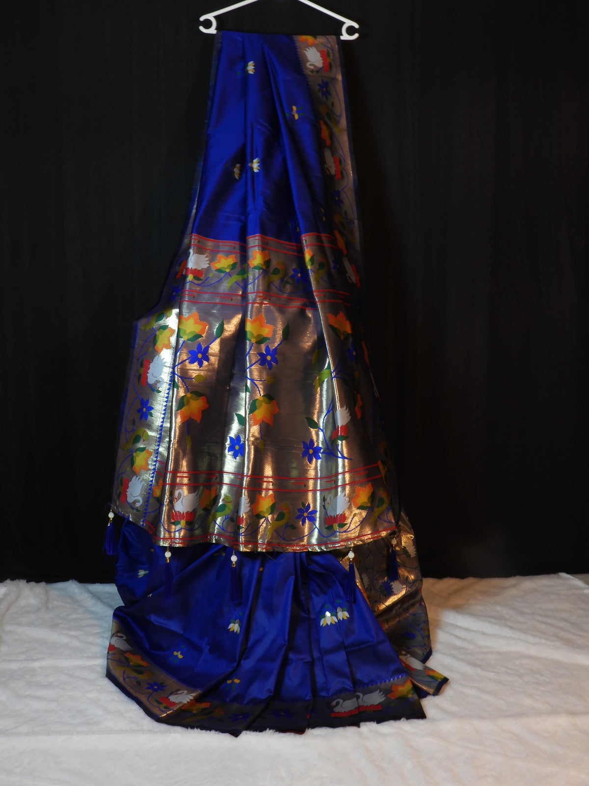 Royal Blue Pathani Saree with Parrot & Floral Zari Border