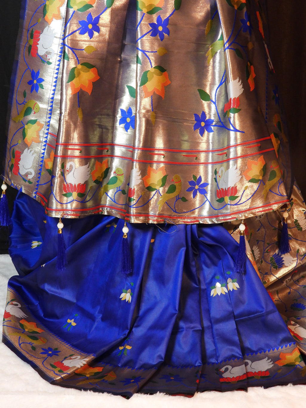 Royal Blue Pathani Saree with Parrot & Floral Zari Border