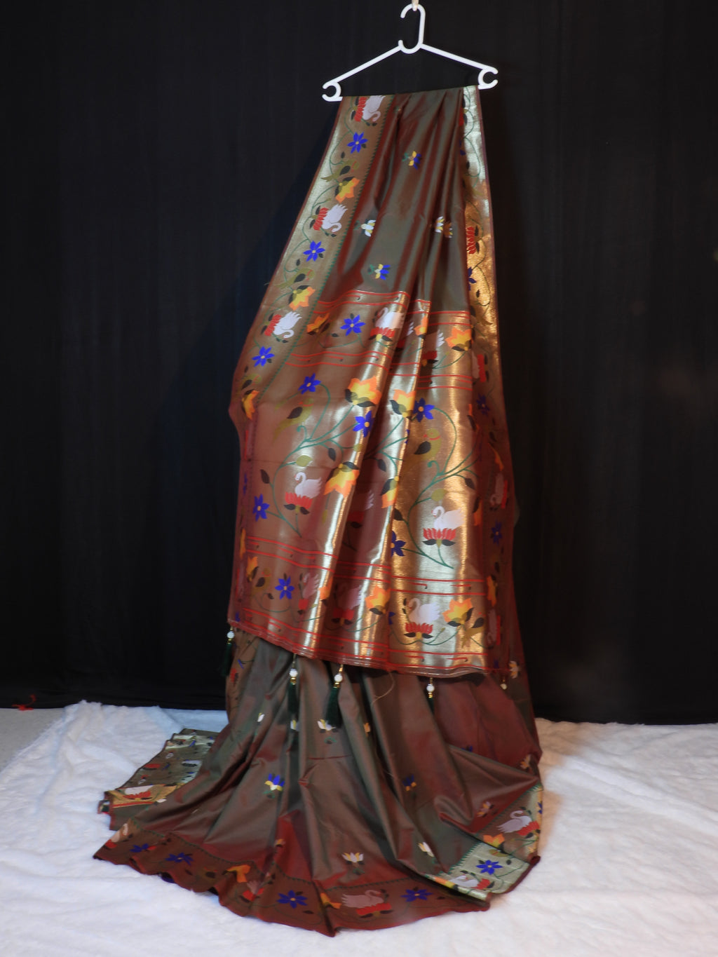 Mehndi Green Pathani Saree with Dup Chhao Effect & Bird-Floral Border
