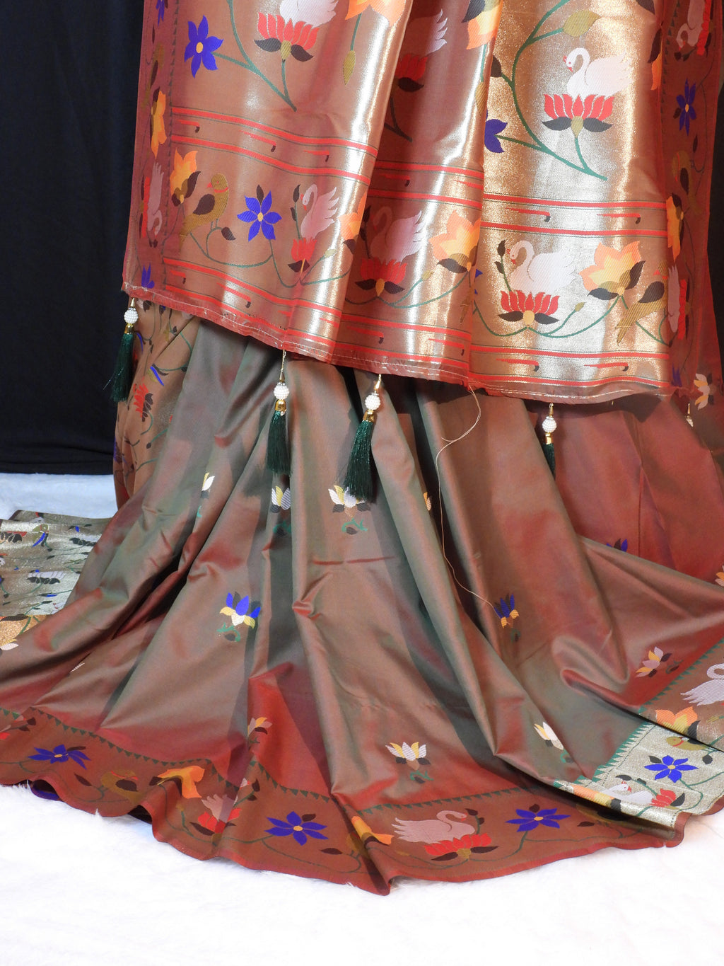 Mehndi Green Pathani Saree with Dup Chhao Effect & Bird-Floral Border