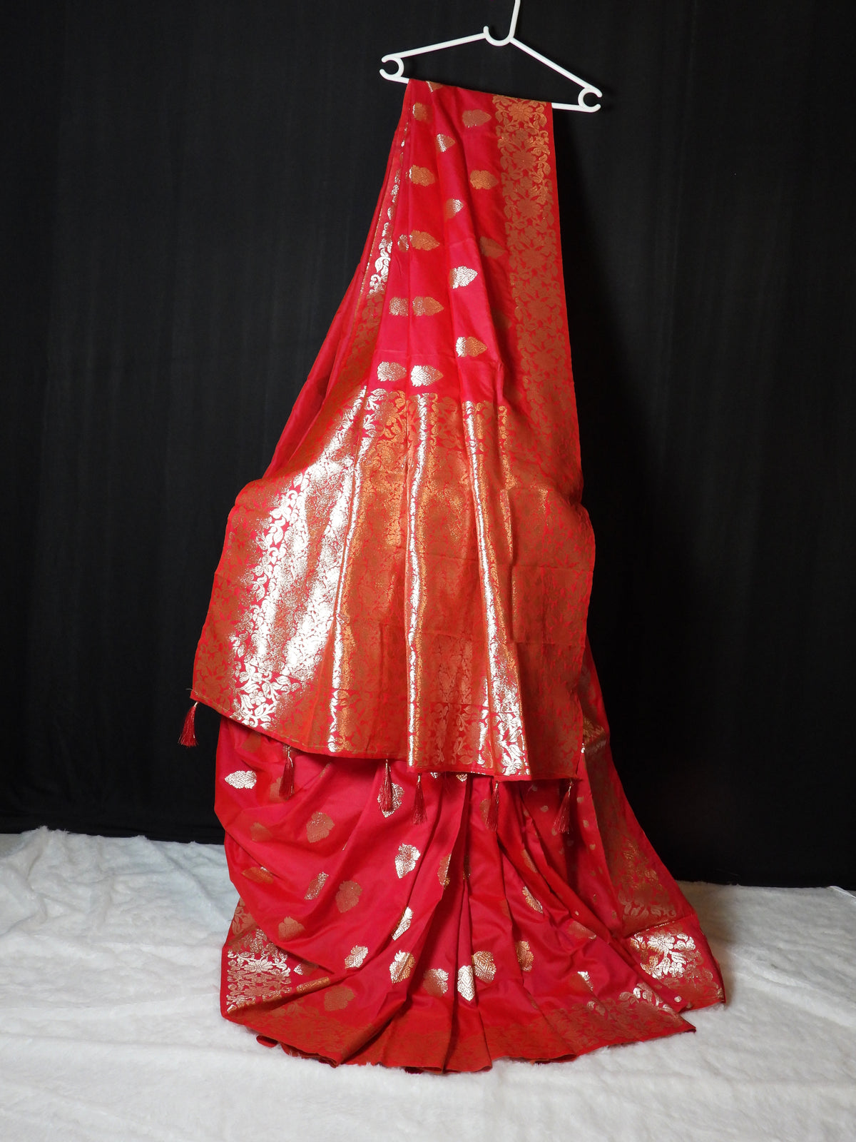 Classic Rani Pink Soft Silk Saree with Golden Zari Buttas & Floral Border