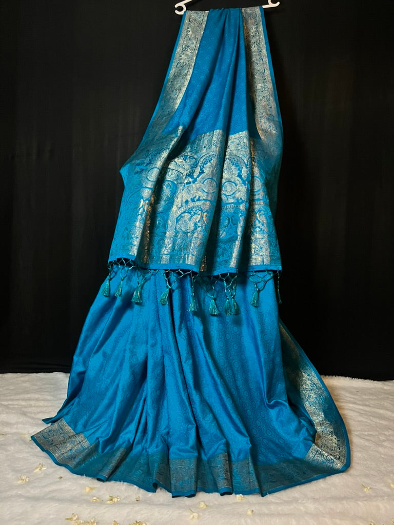 Royal Blue Viscose Silk Saree with Antique Zari Border & Woven Motifs