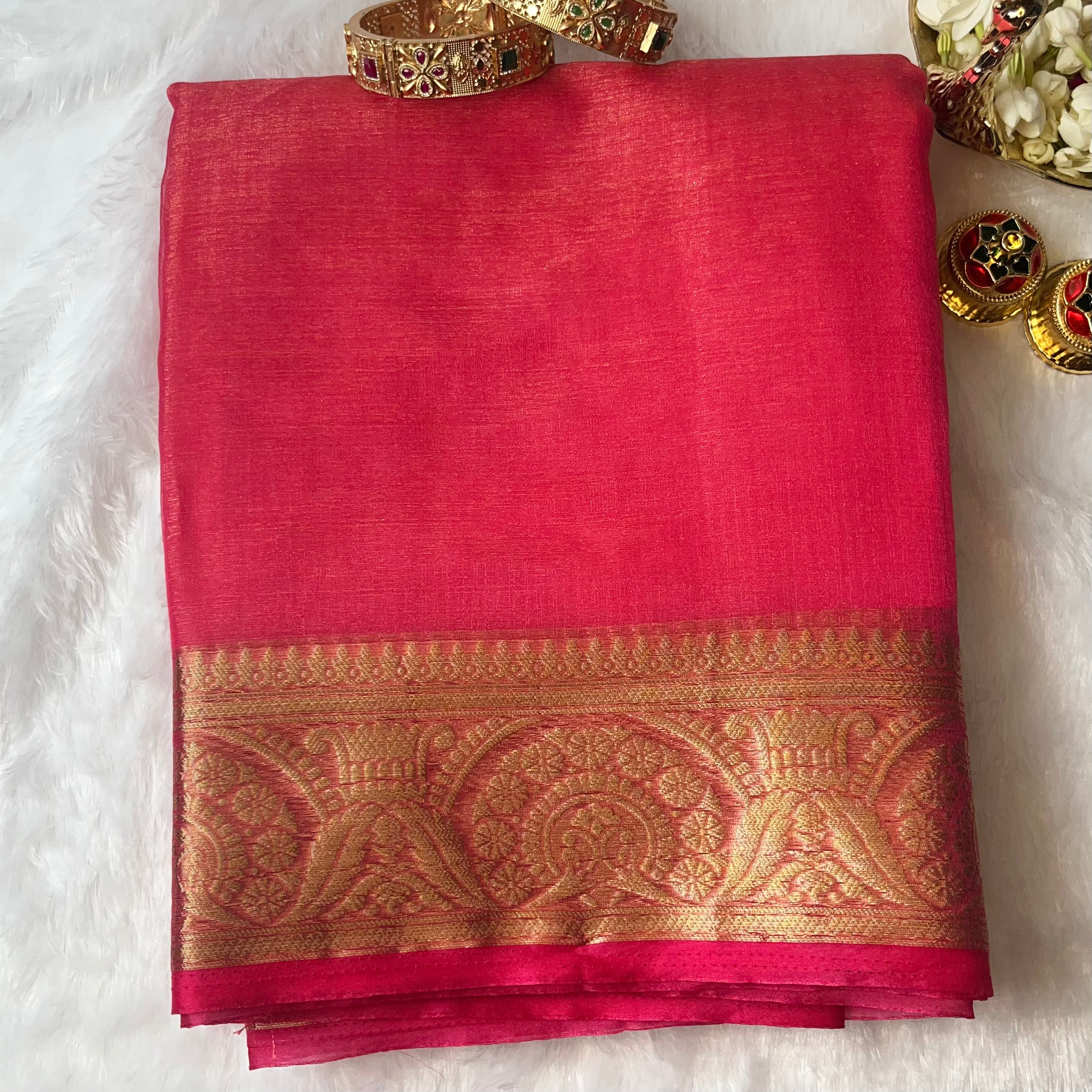 Coral Pink Shimmer Organza Saree with Intricate Zari Border