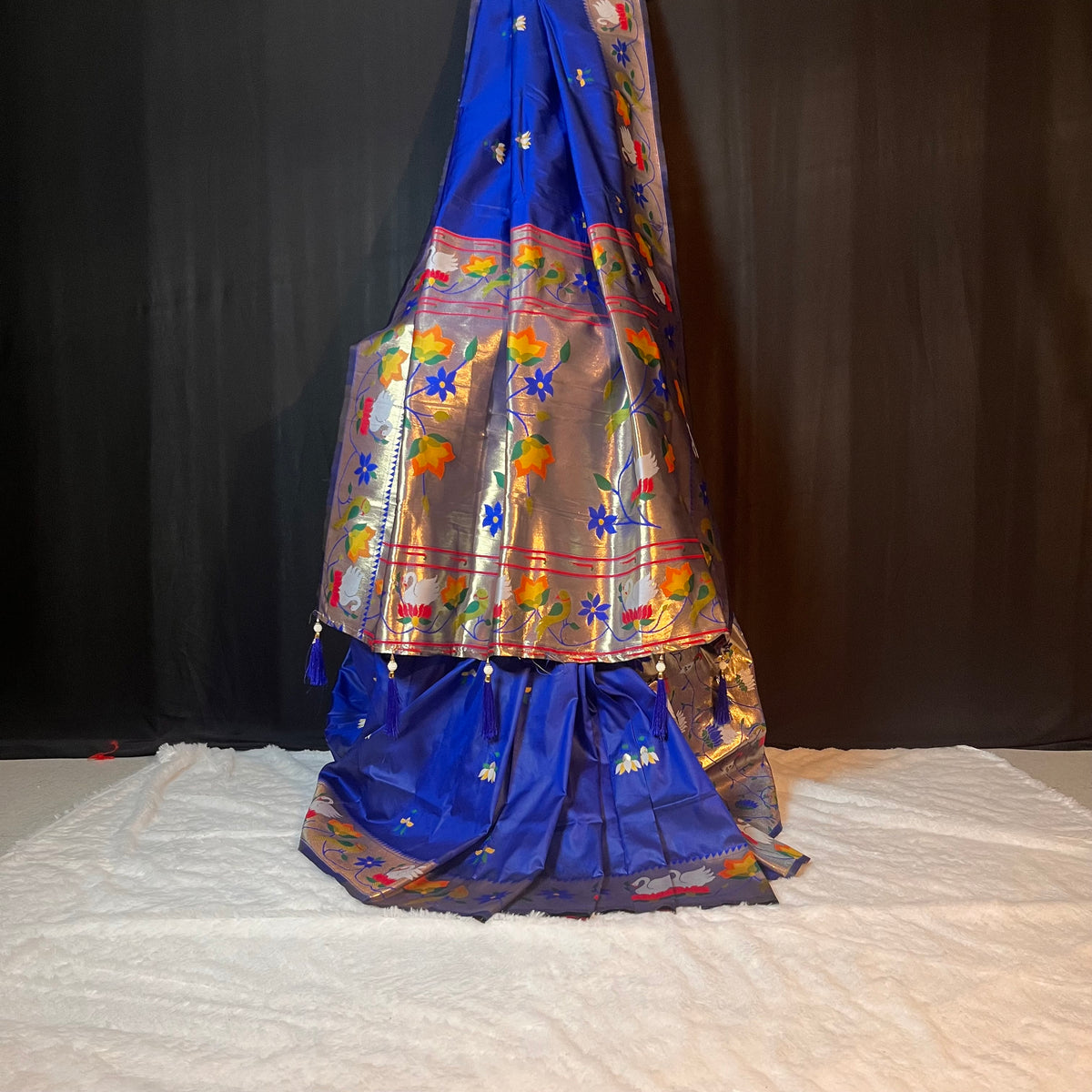 Royal Blue Pathani Saree with Parrot & Floral Zari Border