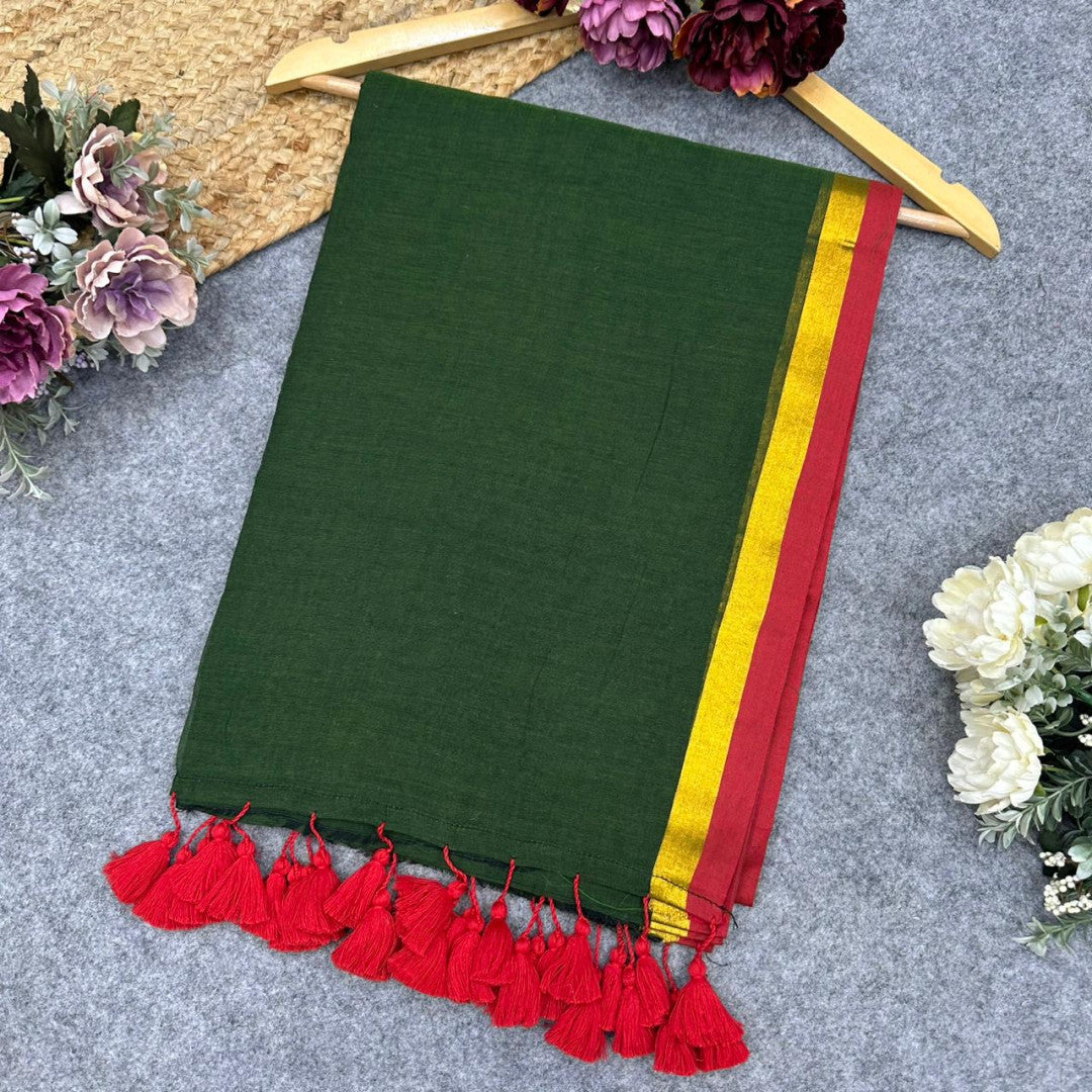 Plain mulmul cotton saree with fancy tassel work