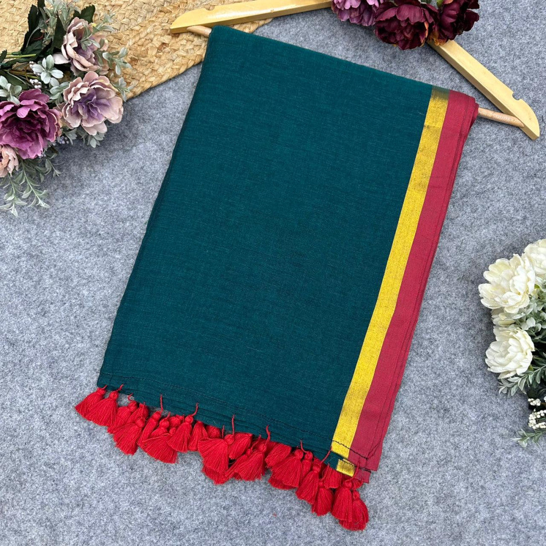 Plain mulmul cotton saree with fancy tassel work