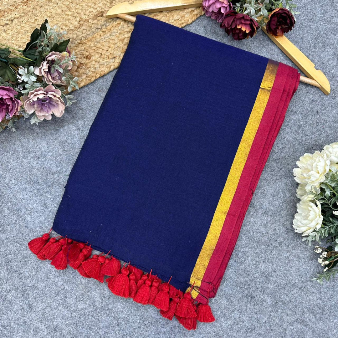 Plain mulmul cotton saree with fancy tassel work