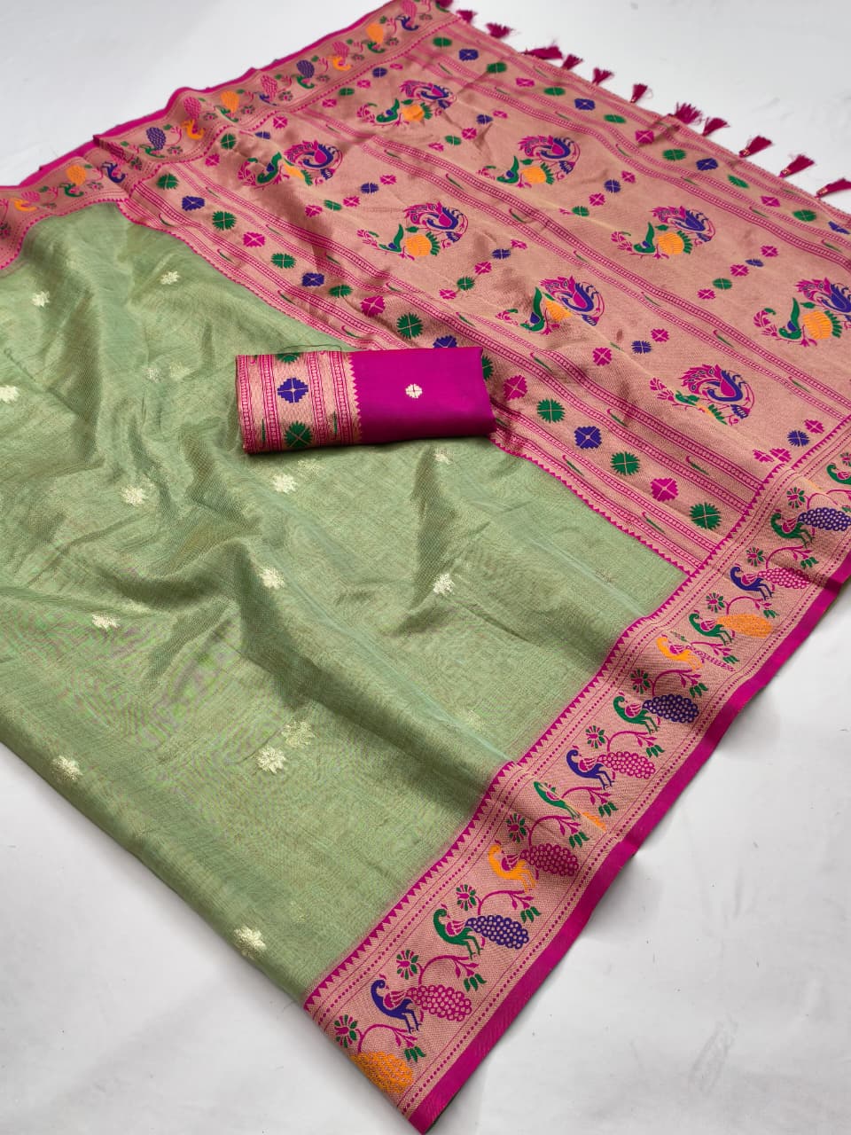 Soft Tissue Paithani Silk Saree with Meenakari & Zari Weaving Work