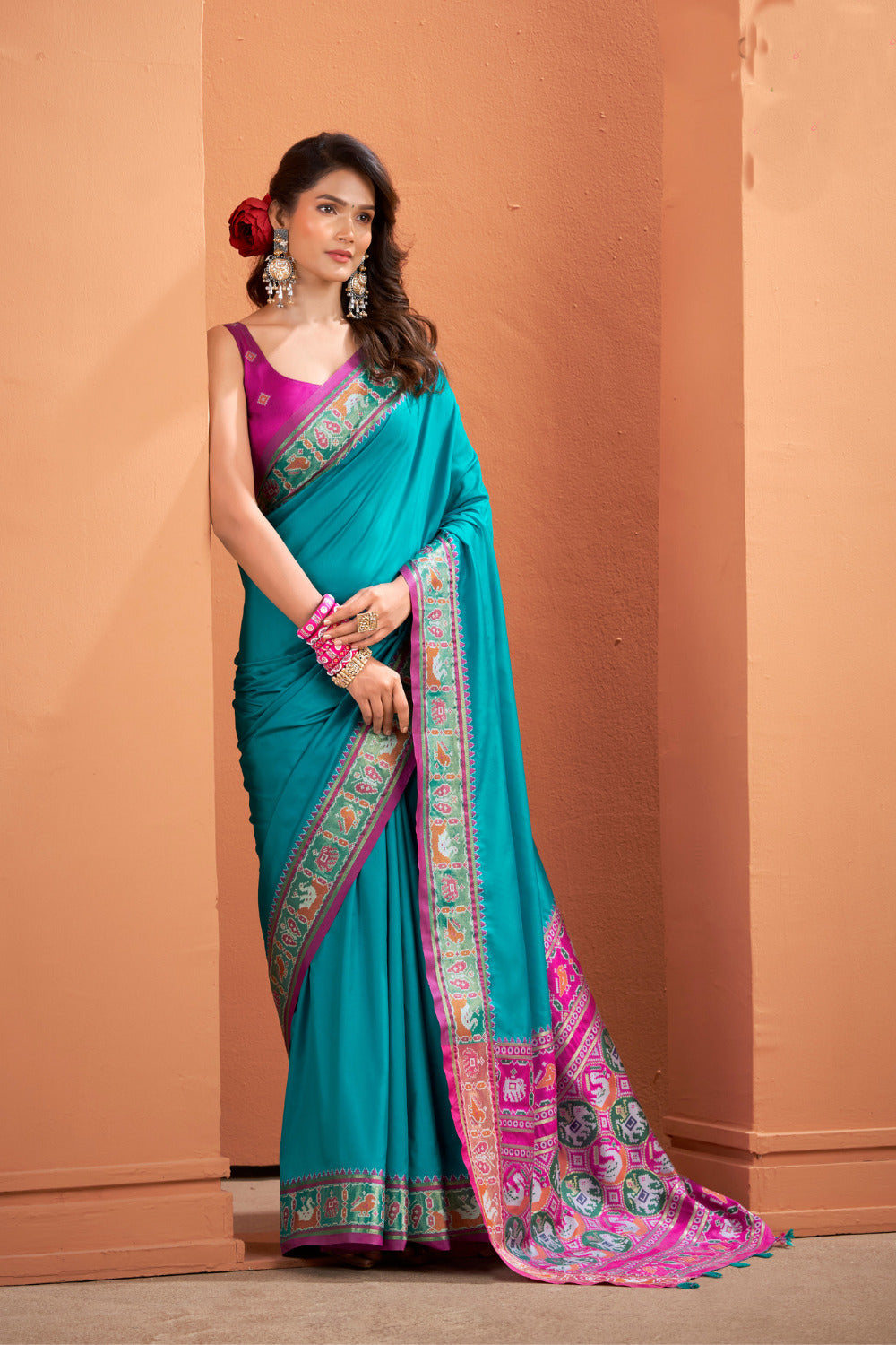 Soft Lichi Silk Gala Border Saree with Patola Zari Weaving Pallu