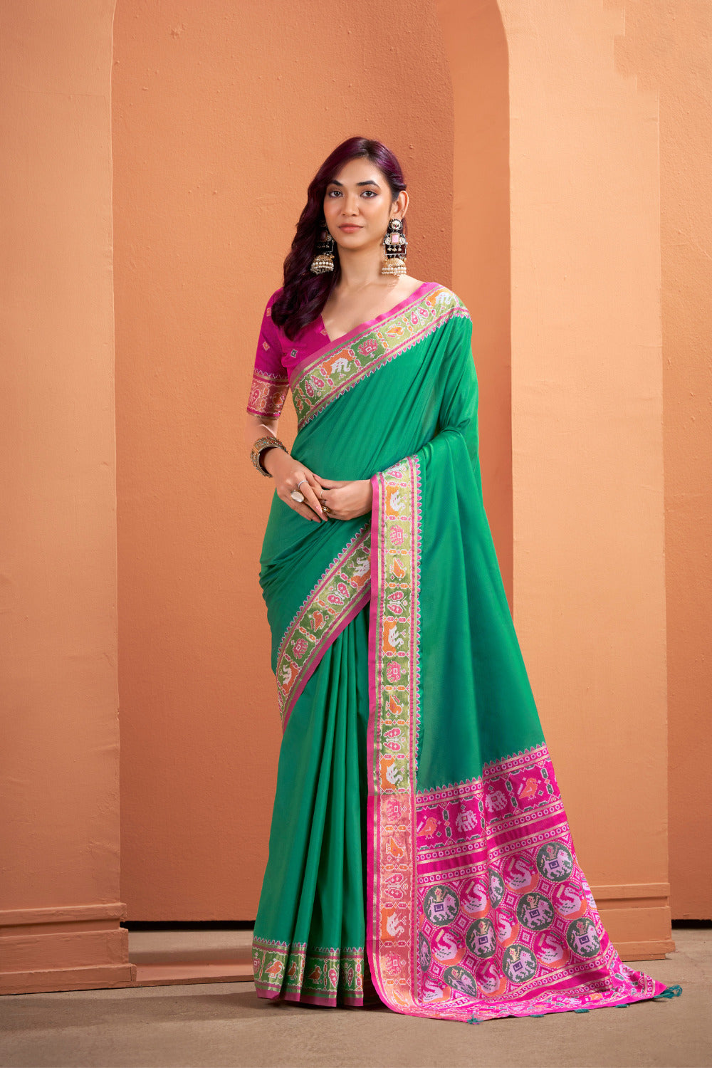 Soft Lichi Silk Gala Border Saree with Patola Zari Weaving Pallu