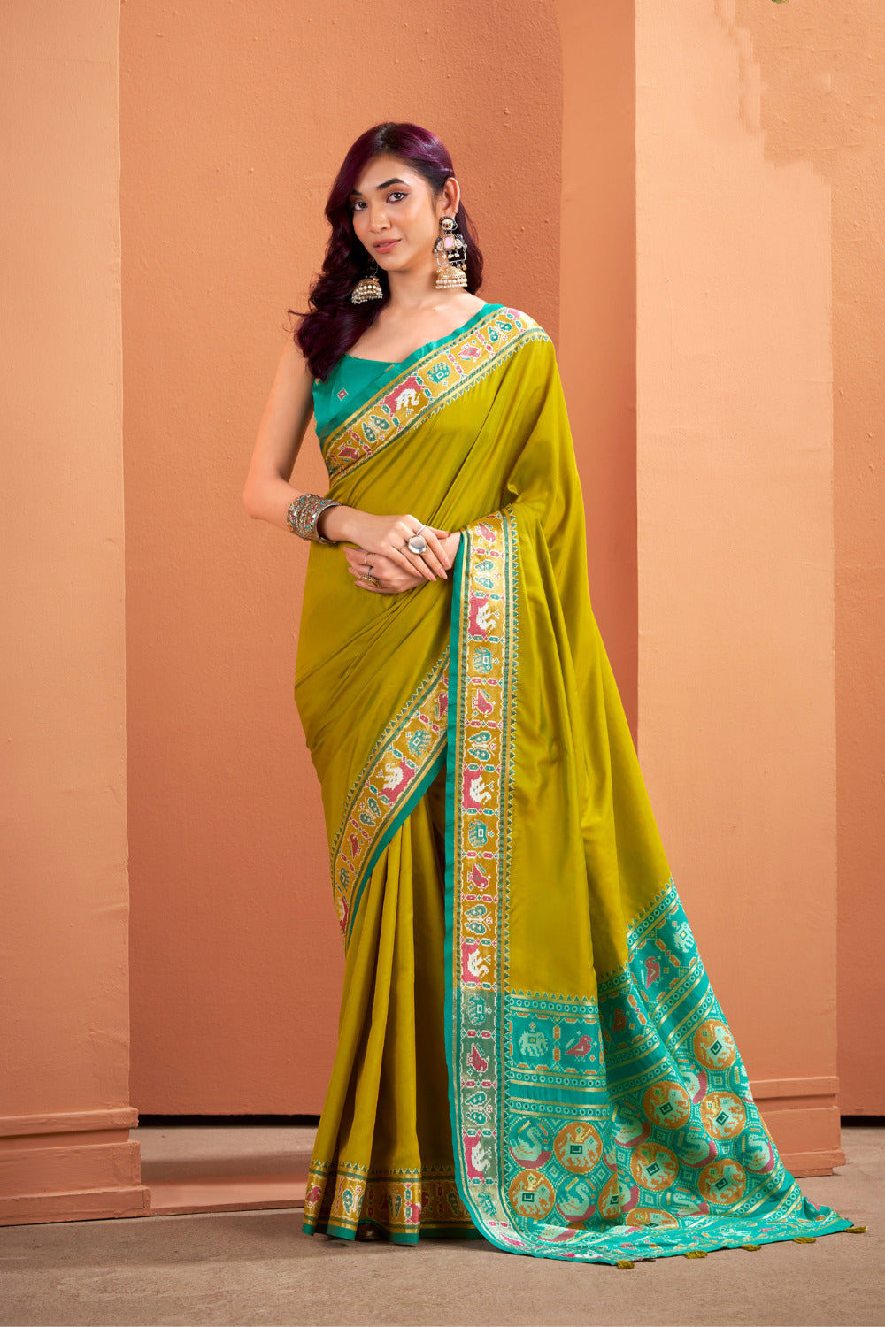 Soft Lichi Silk Gala Border Saree with Patola Zari Weaving Pallu