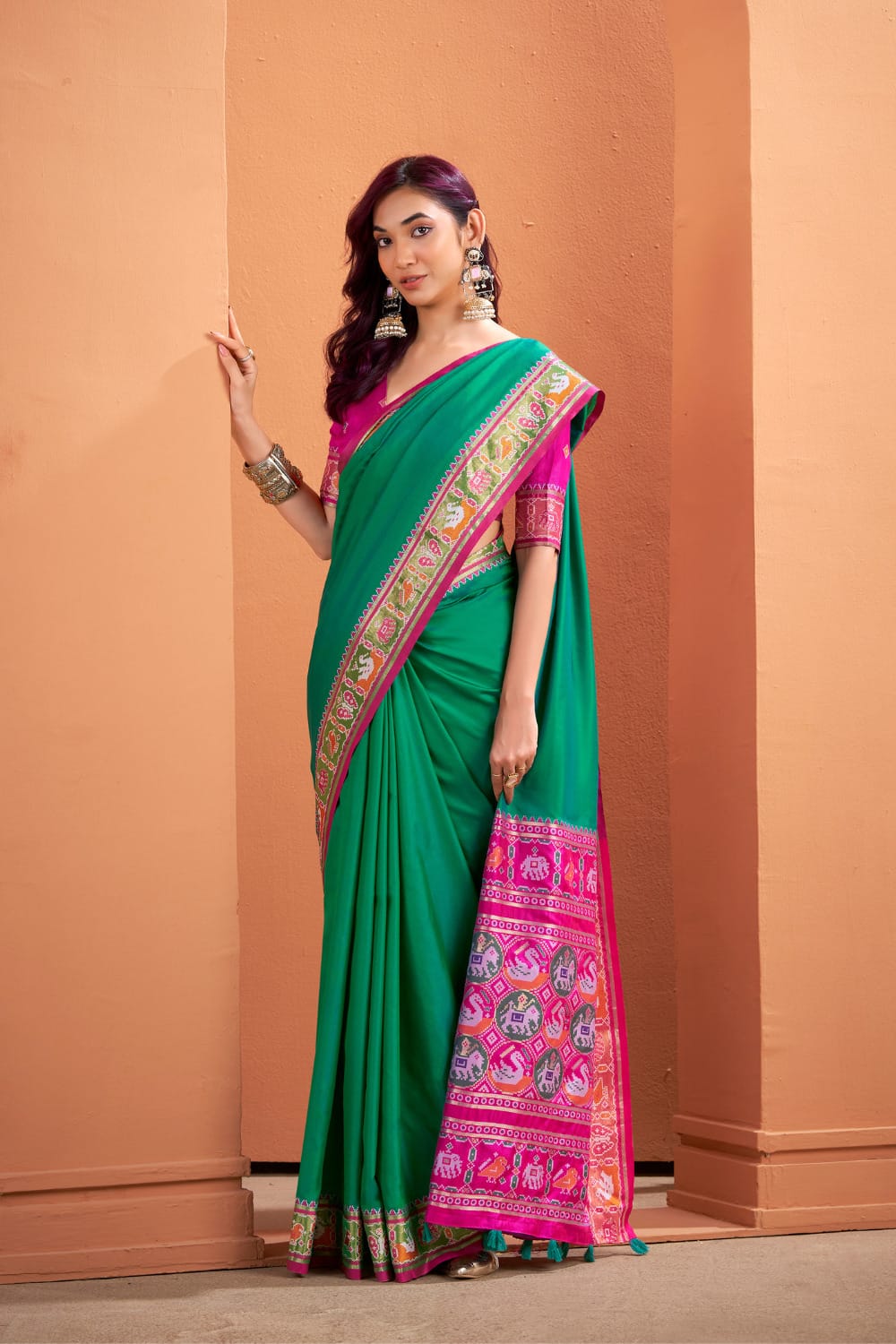 Soft Lichi Silk Gala Border Saree with Patola Zari Weaving Pallu