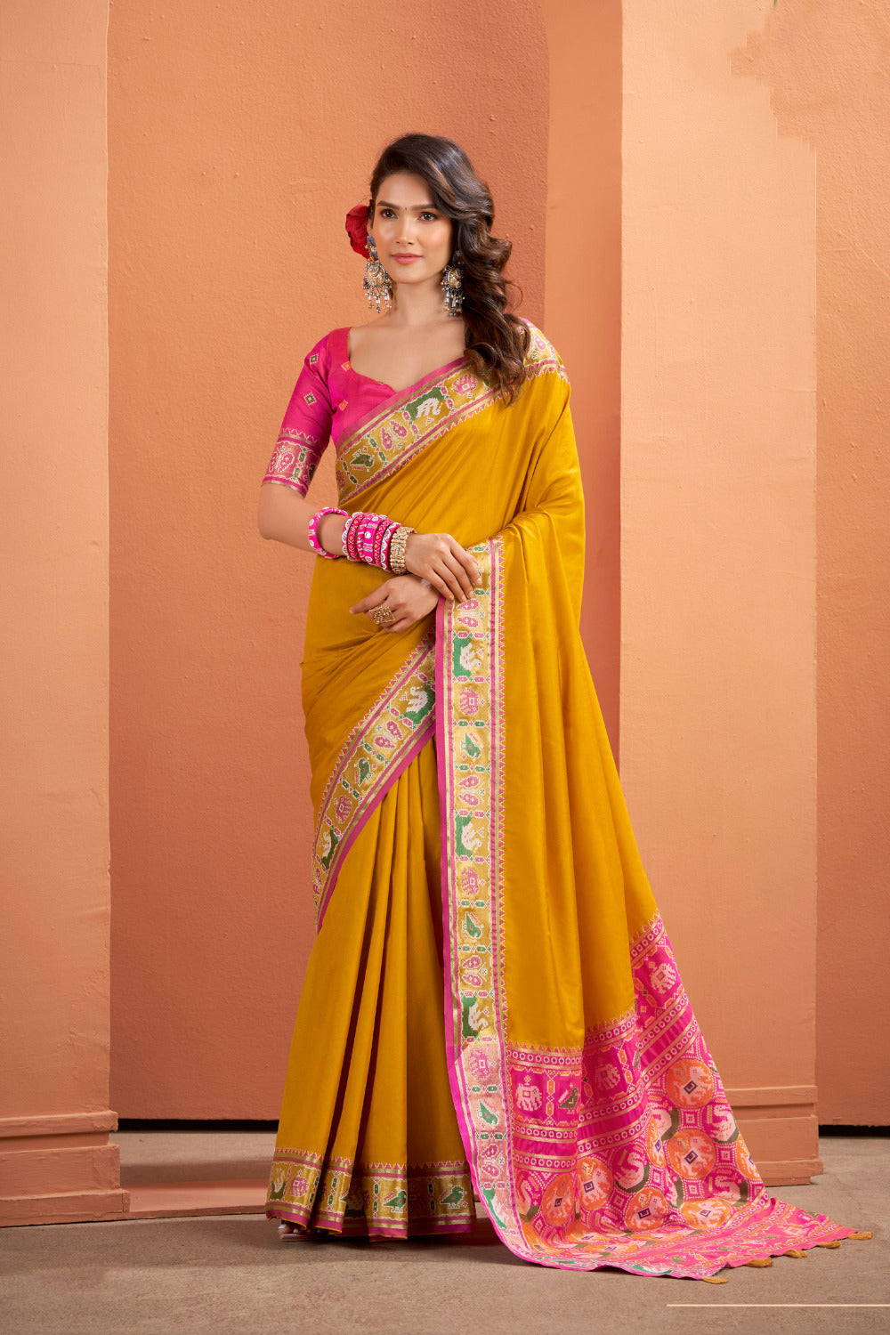 Soft Lichi Silk Gala Border Saree with Patola Zari Weaving Pallu