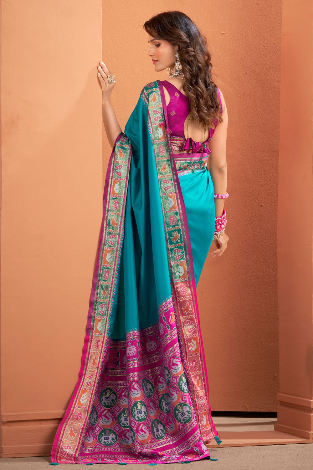 Soft Lichi Silk Gala Border Saree with Patola Zari Weaving Pallu