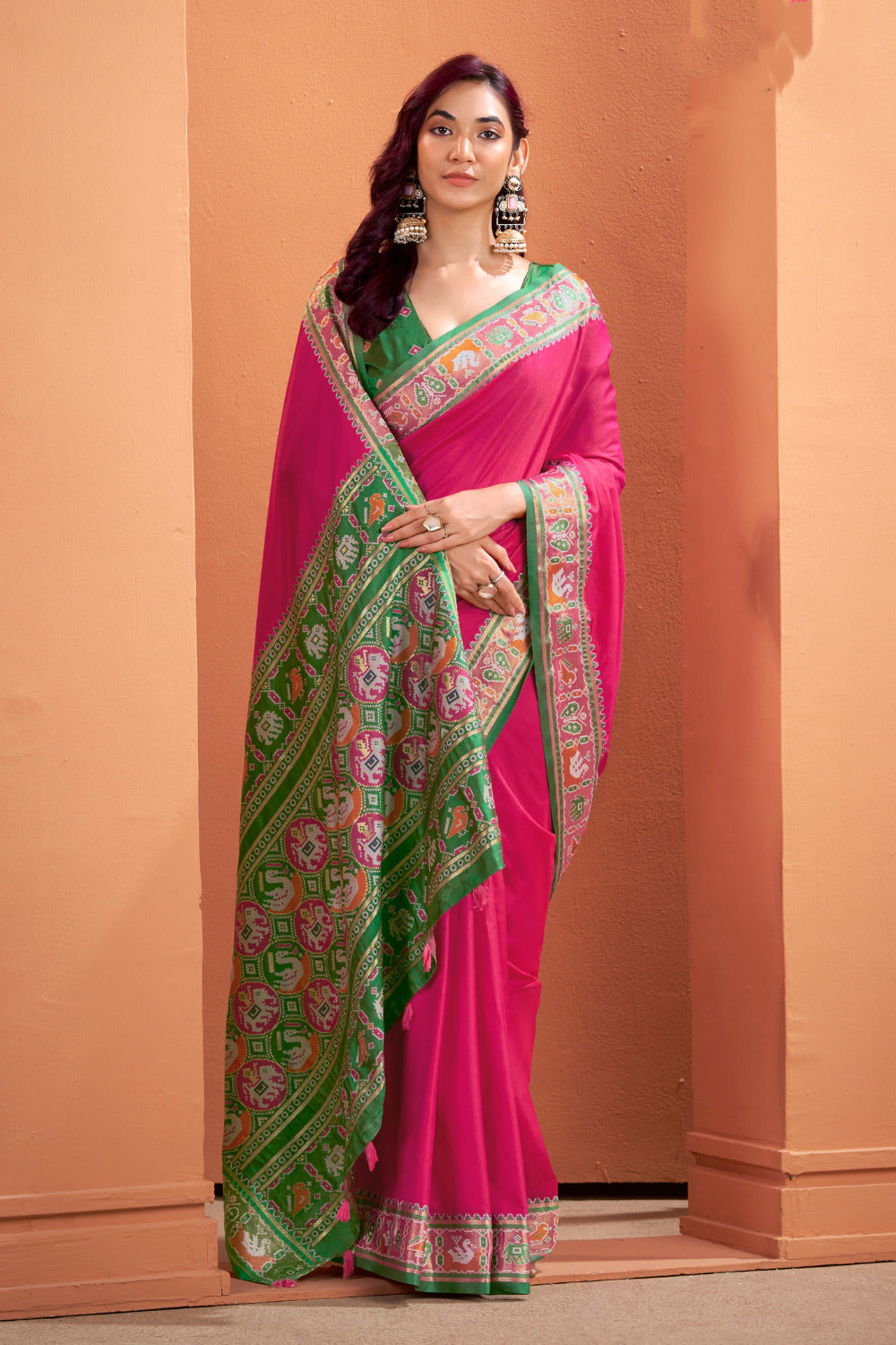 Soft Lichi Silk Gala Border Saree with Patola Zari Weaving Pallu