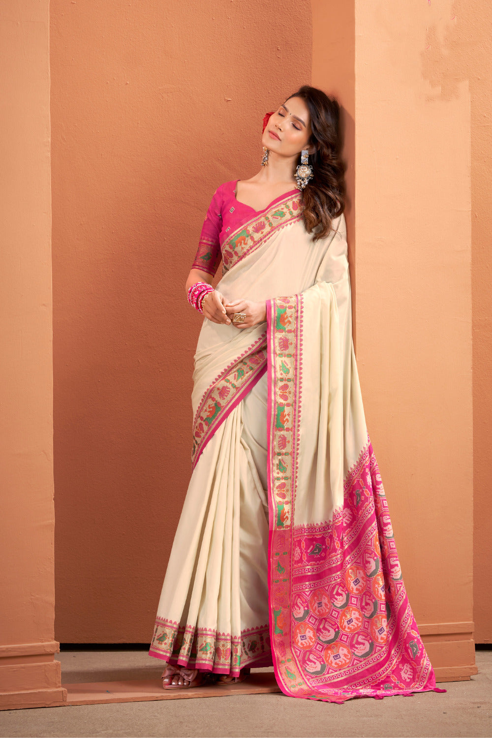 Soft Lichi Silk Gala Border Saree with Patola Zari Weaving Pallu