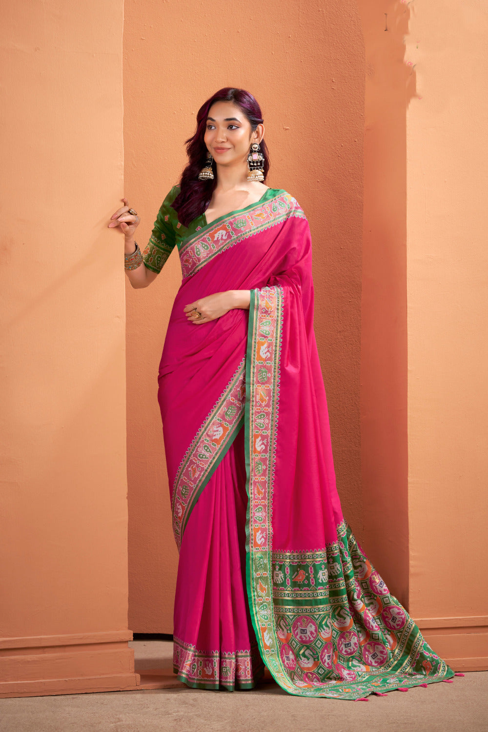 Soft Lichi Silk Gala Border Saree with Patola Zari Weaving Pallu