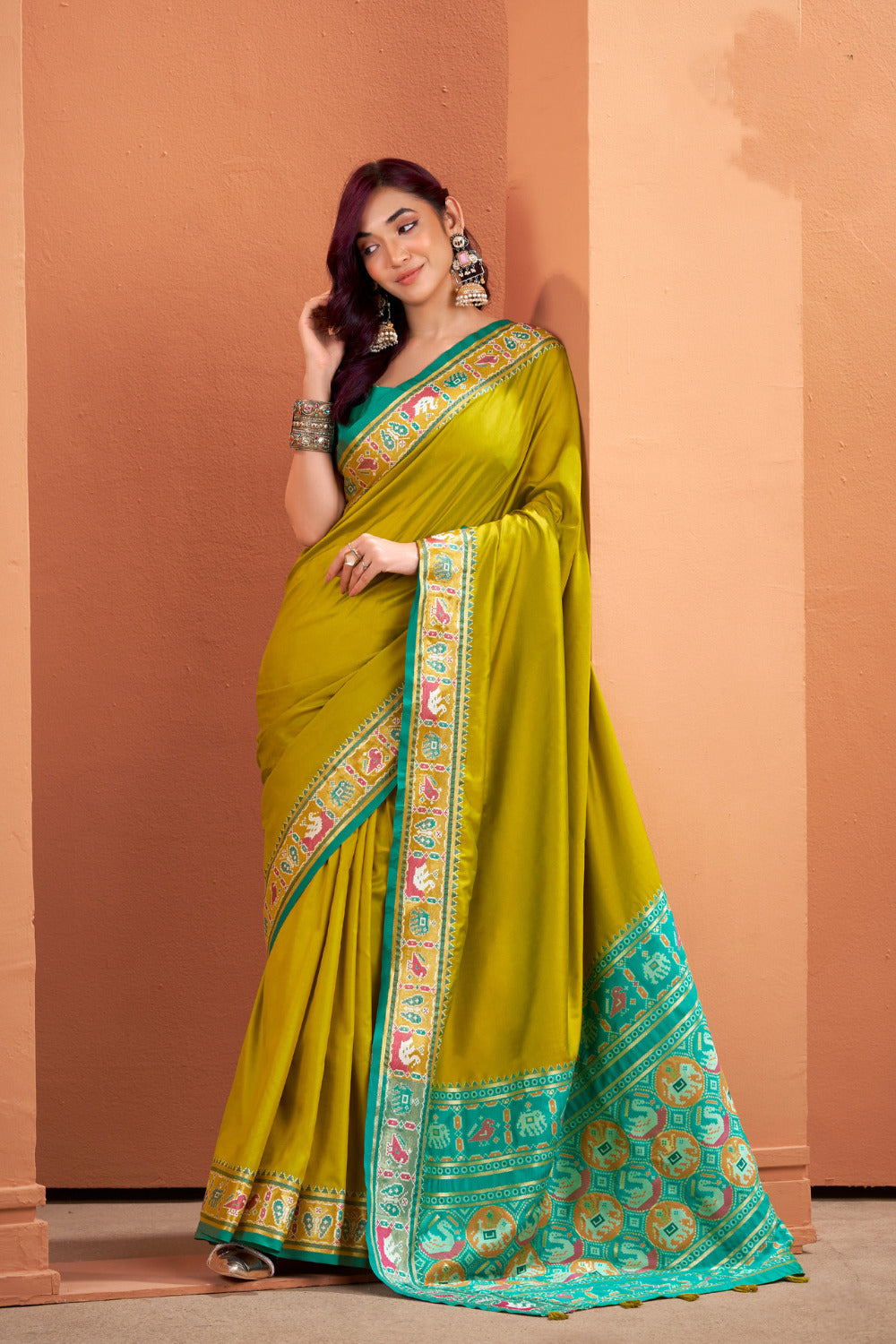 Soft Lichi Silk Gala Border Saree with Patola Zari Weaving Pallu