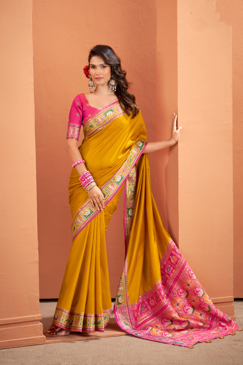 Soft Lichi Silk Gala Border Saree with Patola Zari Weaving Pallu